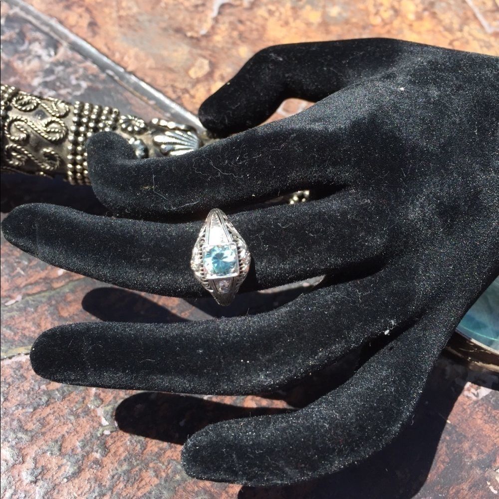 Edwardian Topaz & Diamond Platinum Filigree Ring